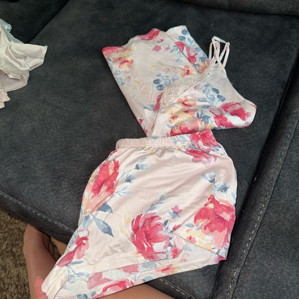 SHEIN Pink Floral Satin Cami & Short Pajama Set